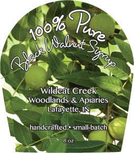 Wildcat Creek Woodlands & Apiaries: Black Walnut Syrup label from Lafayette, IN.