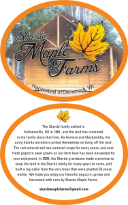 Skarda Maple Farms: Popcorn Seed label.