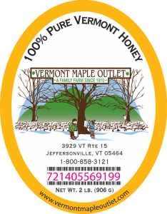 Vermont Maple Outlet: 100% Pure Vermont Honey label.