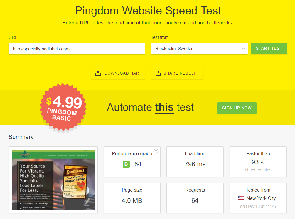 Specialty Food Labels website Pingdom test.