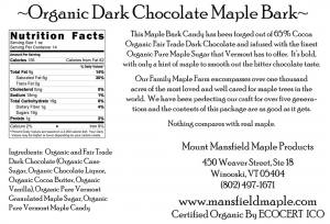 Mount Mansfield Maple: Organic Dark Chocolate Maple Bark clear label.