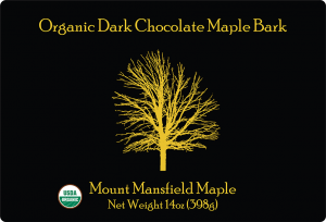 Mount Mansfield Maple: Organic Dark Chocolate Maple Bark gold label.