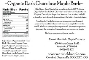 Mt. Mansfield Organic Dark Chocolate Maple Bark back nutrition label.