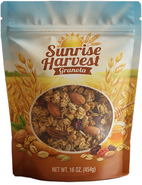 Granola custom printed food pouch by Specialty Food Labels - print your own food pouch bag.